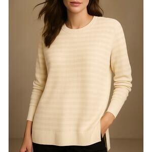 Theory Hilson Refine 100% Merino Wool Striped Crewneck Sweater Ivory Medium